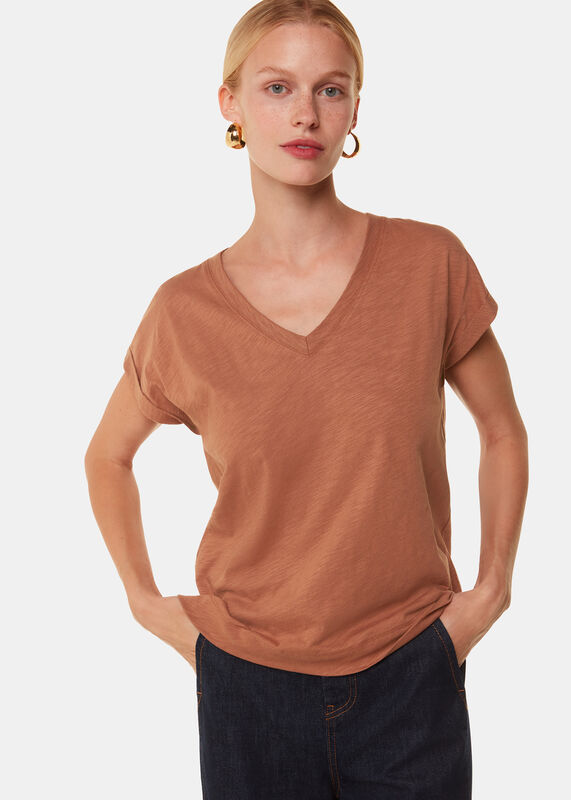 Tan Willa V-Neck Cap Sleeve Tee