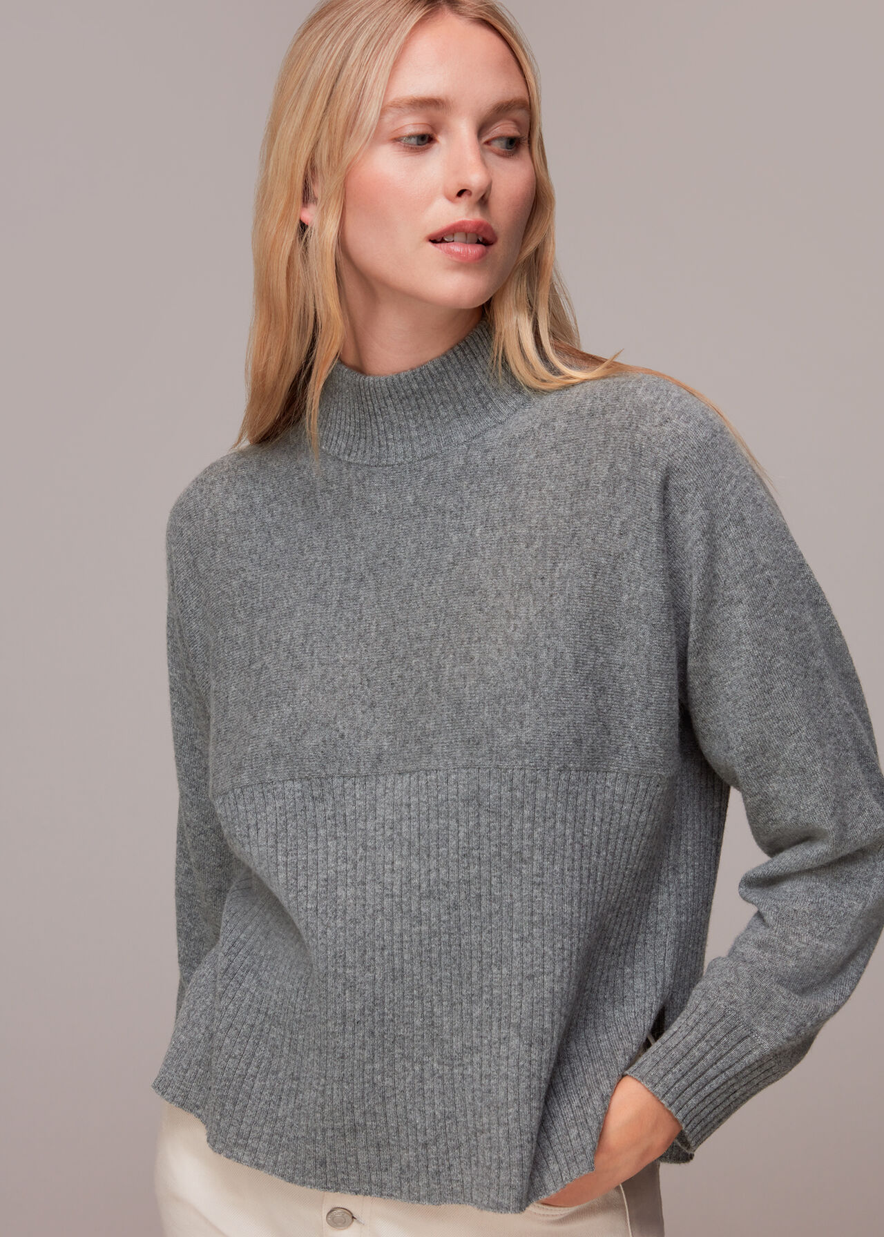 Grey Ribbed Panel Cashmere Sweater | WHISTLES