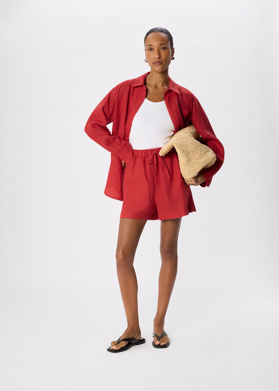 Red Linen Elasticated Short