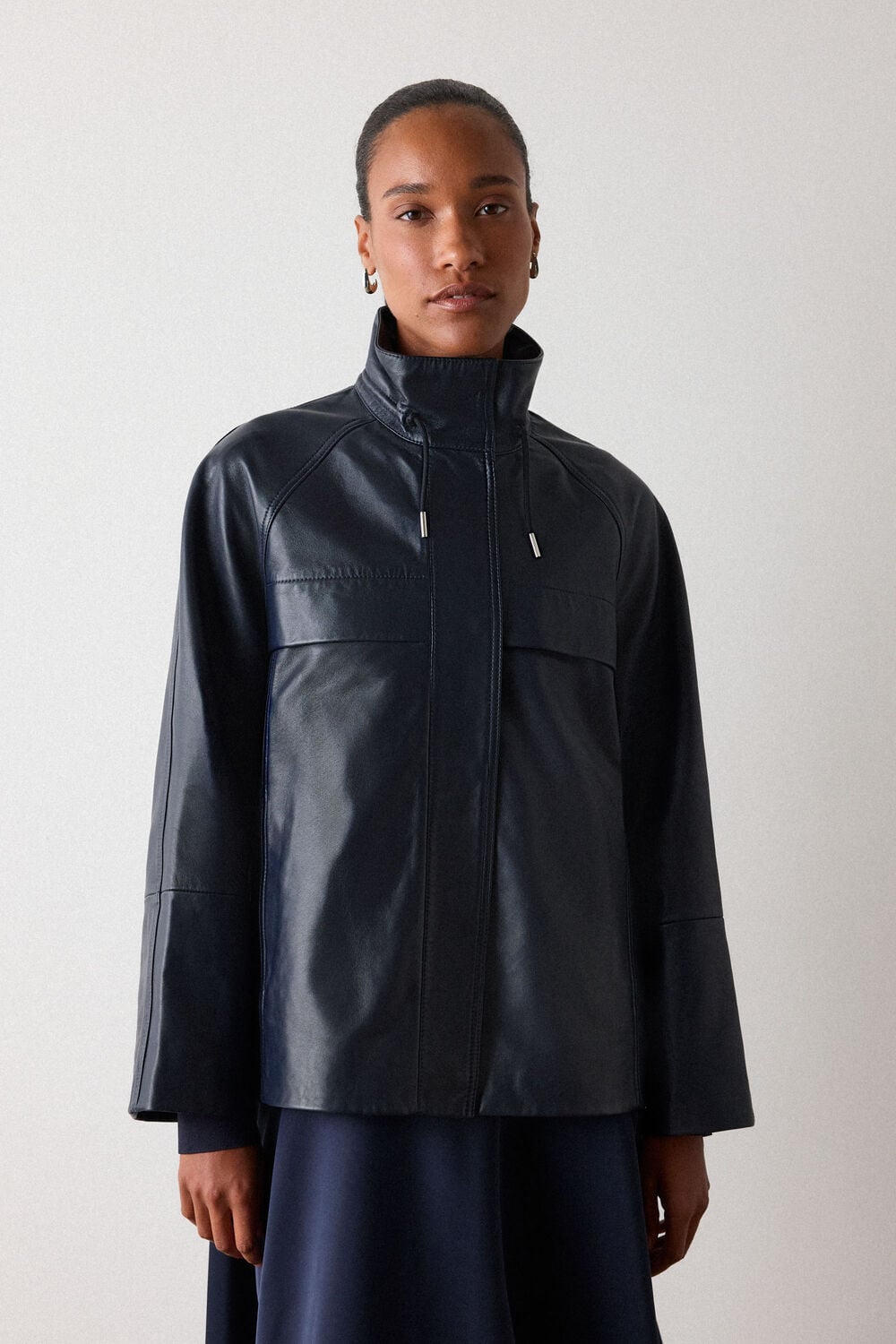 Navy Leather Funnel Neck Anorak