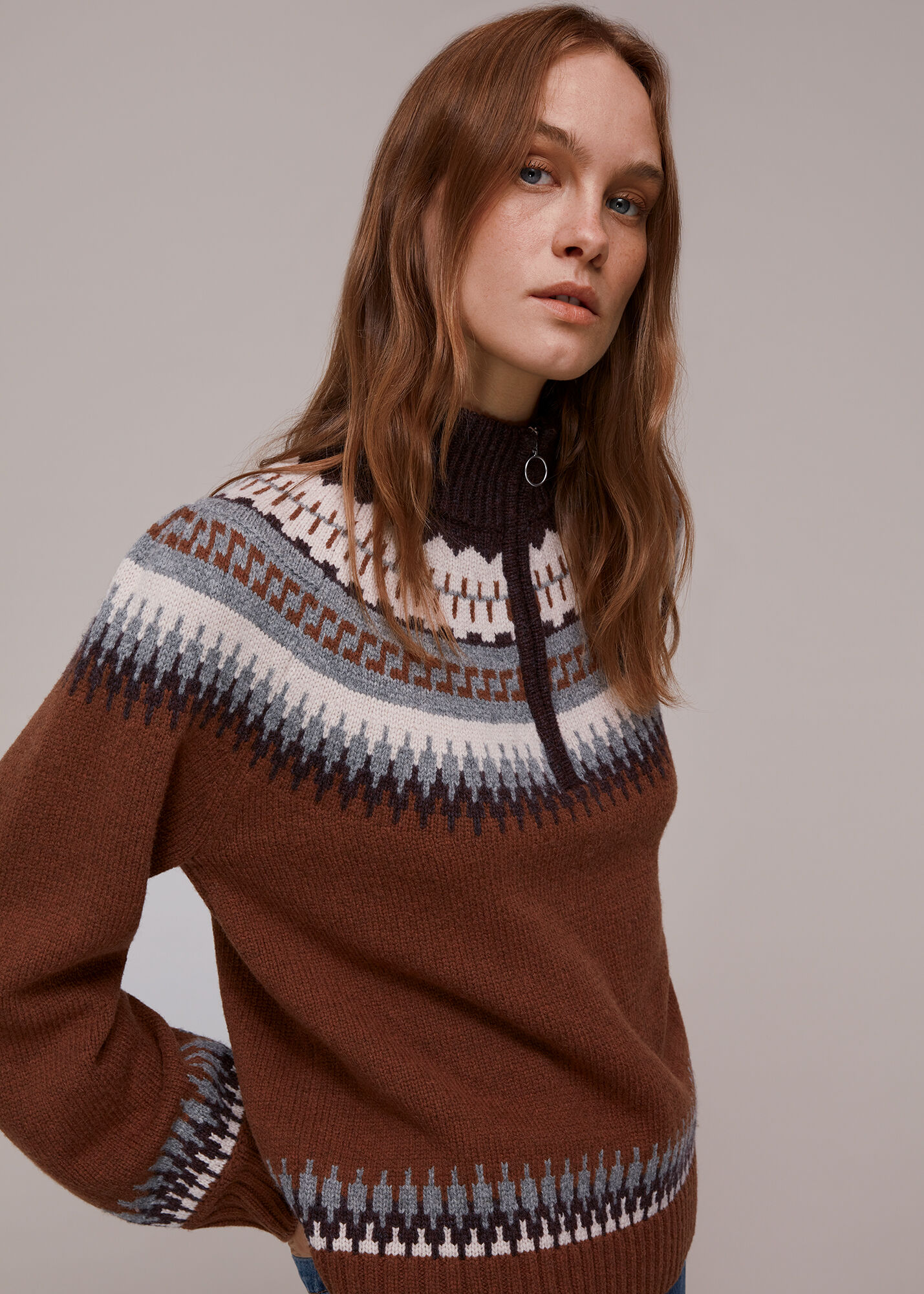Brown Fairisle Zip Sweater WHISTLES