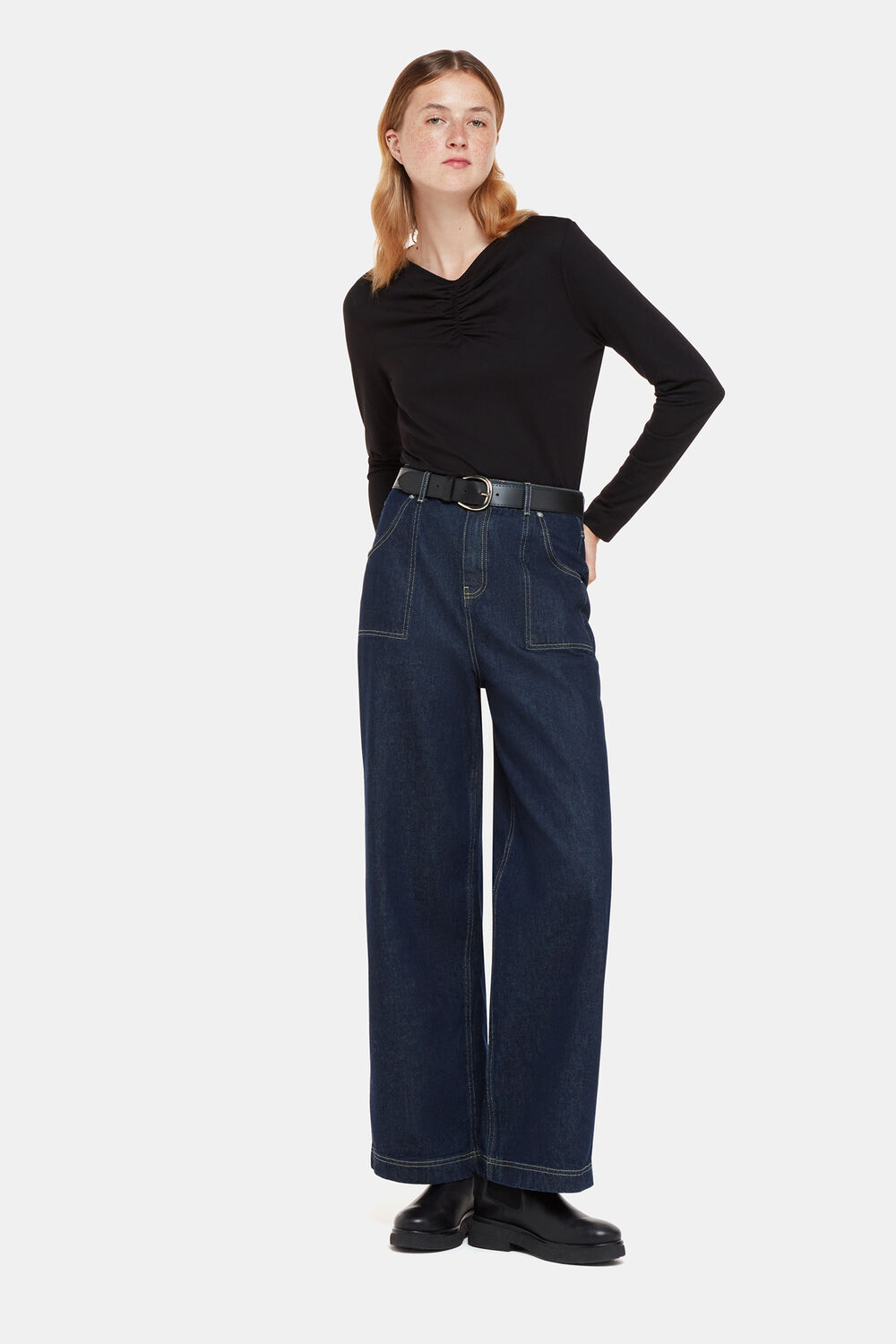 Black High V Neck Ruched Top