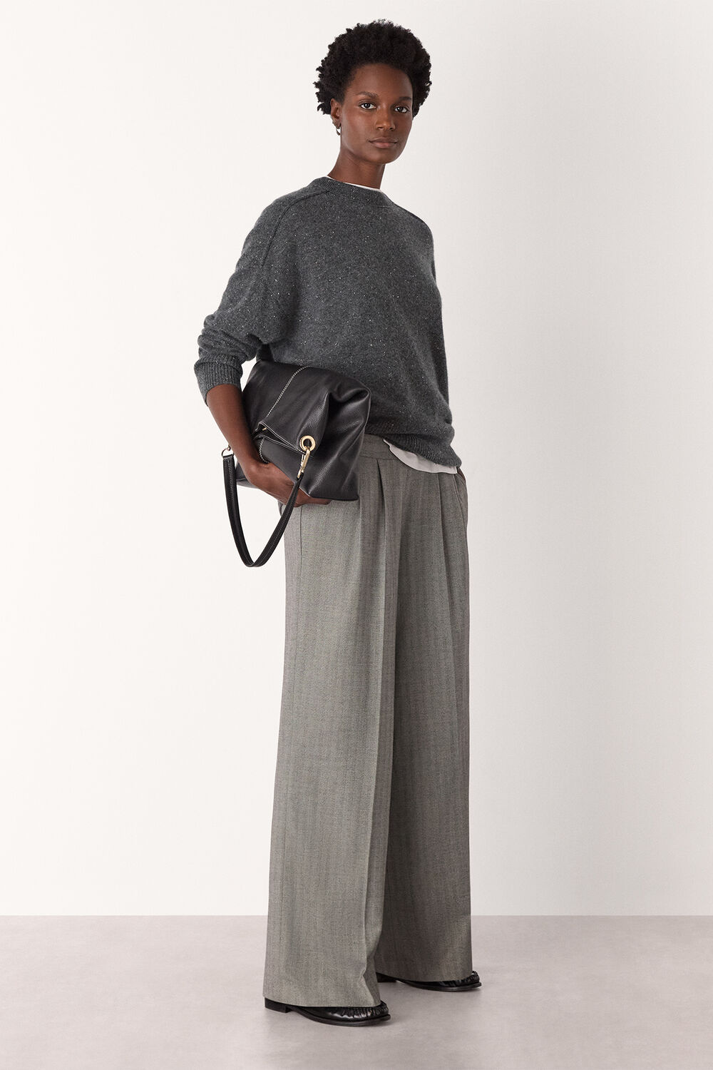 Dark Grey Cashmere Fleck Crew Neck Knit