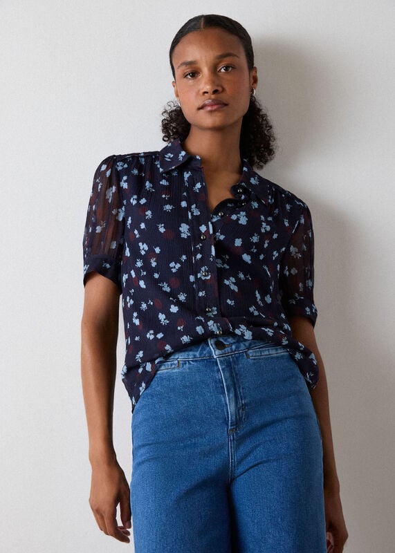 Navy Floral Viscose Pintuck Top