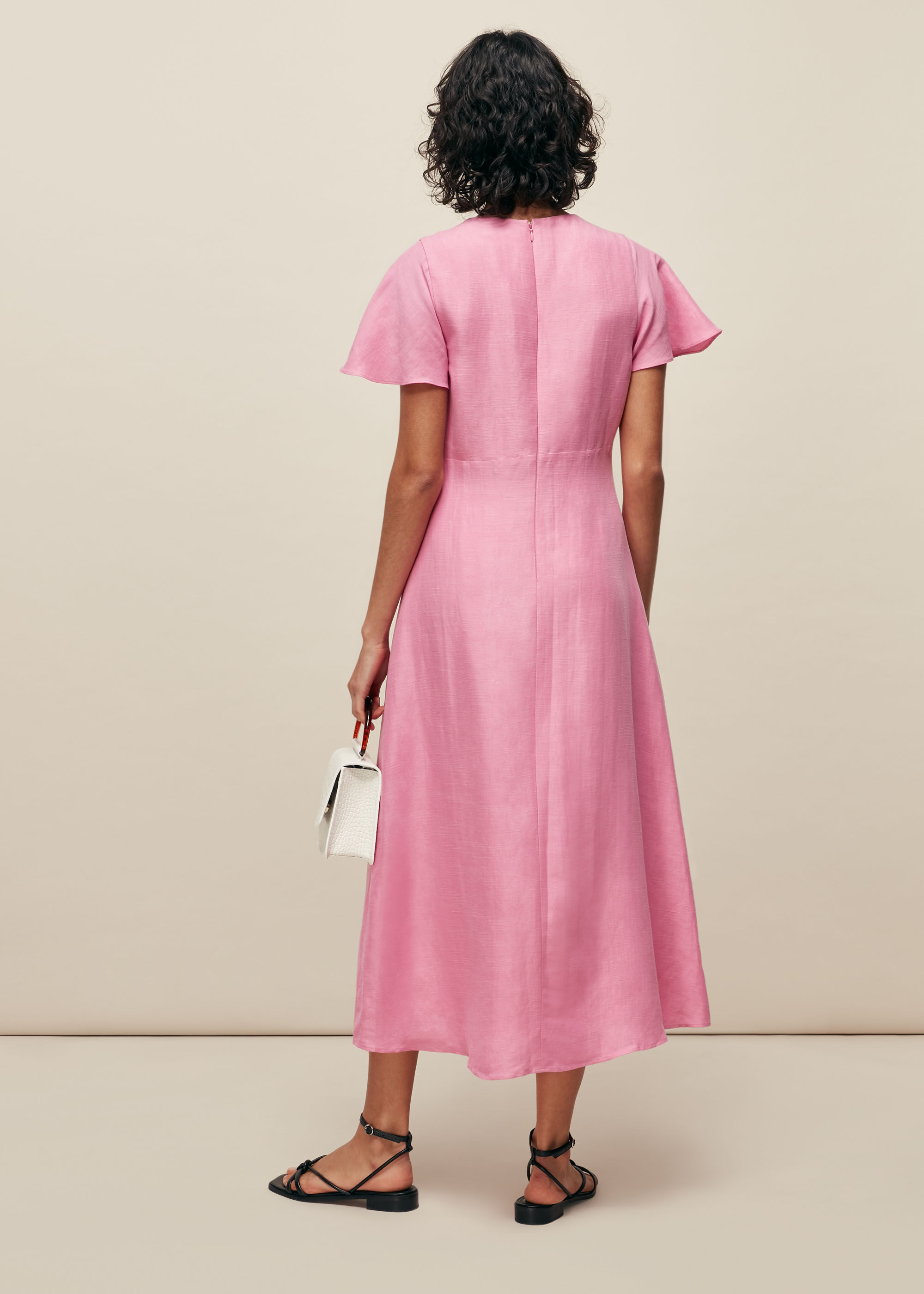 Pink linen midi dress hotsell