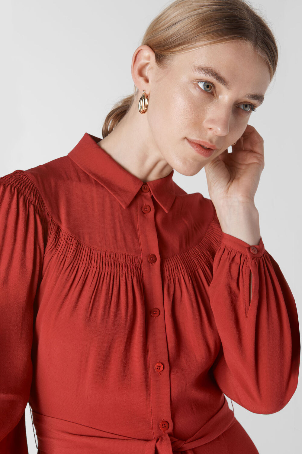 Smocked Yoke Shirt Dress Red