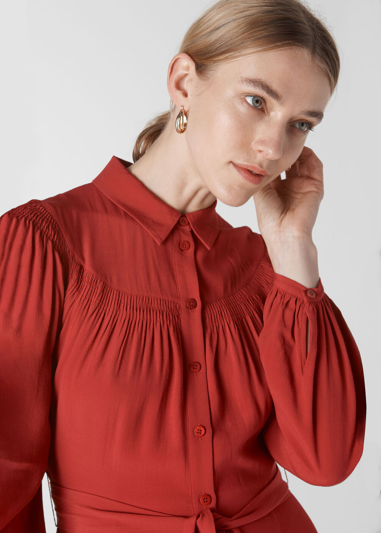 Smocked Yoke Shirt Dress Red