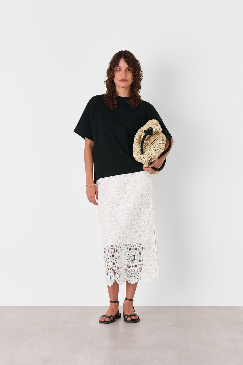 White Lace Column Midi Skirt