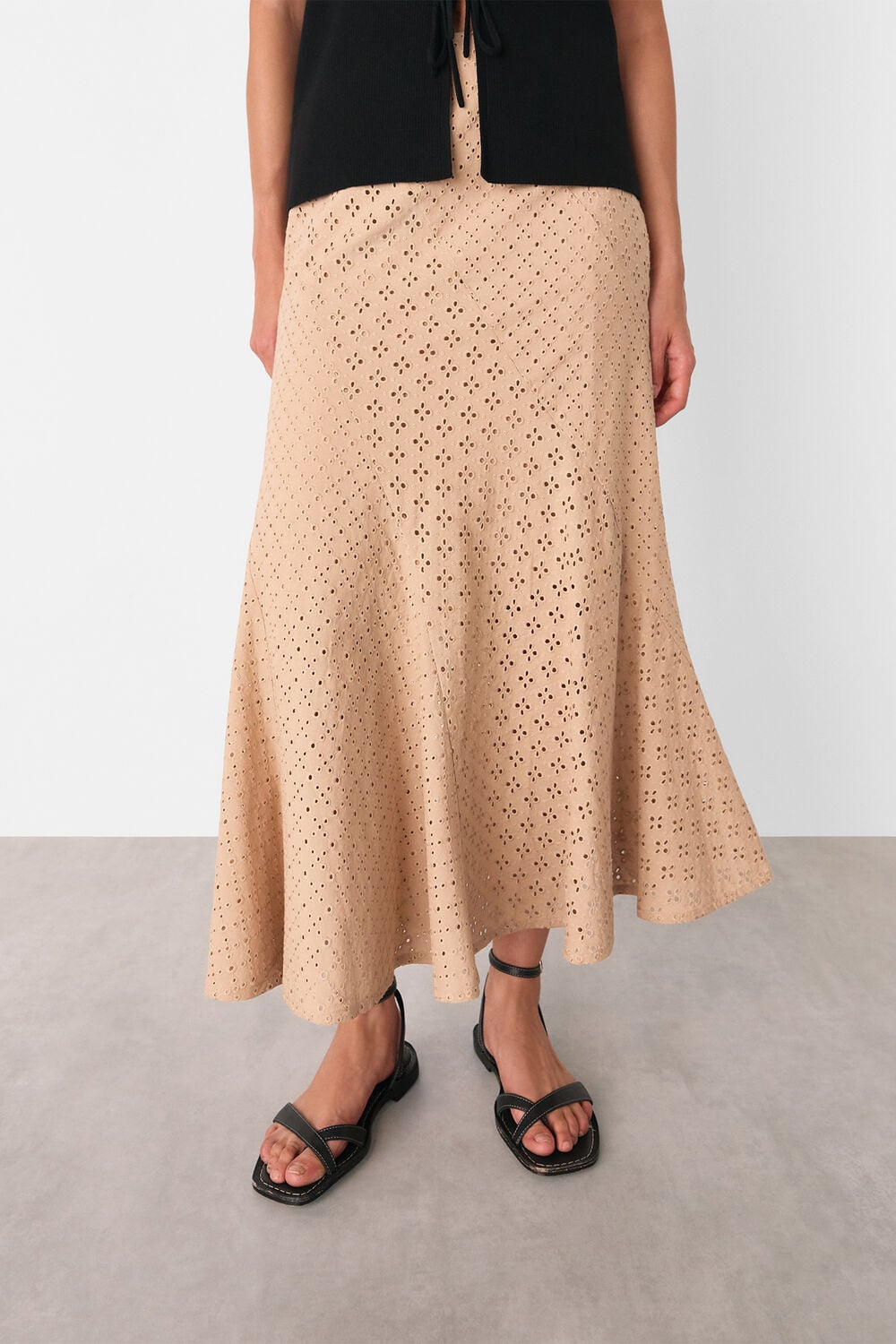 Camel Cotton Broderie Midi Skirt