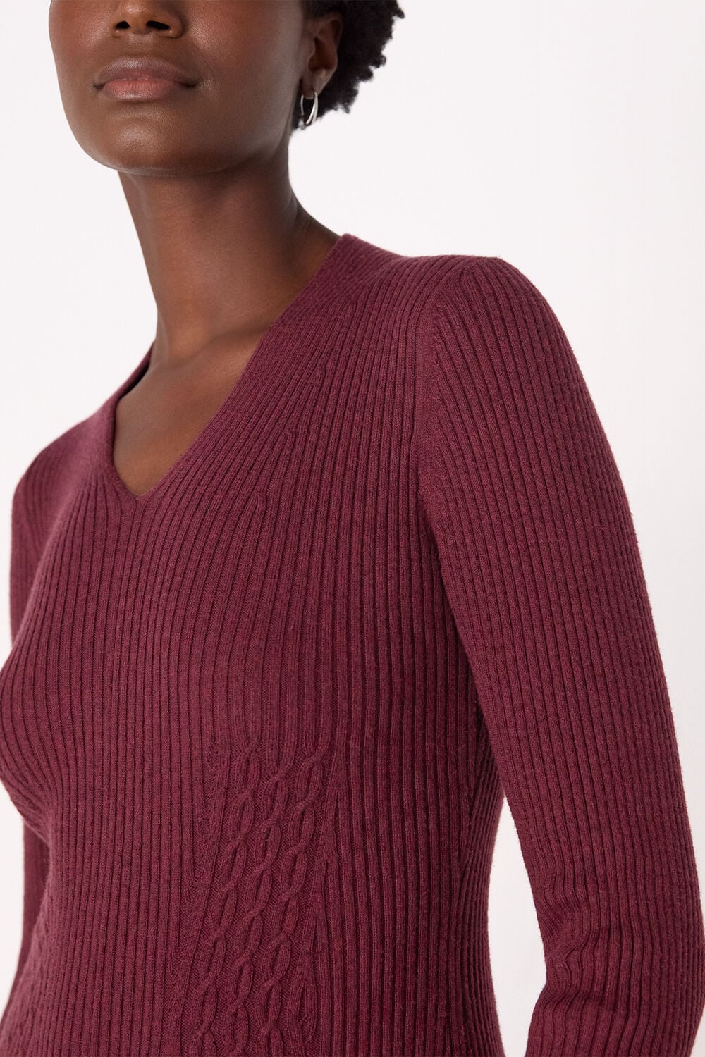 Burgundy V Neck Cable Ribbed Knit Dress