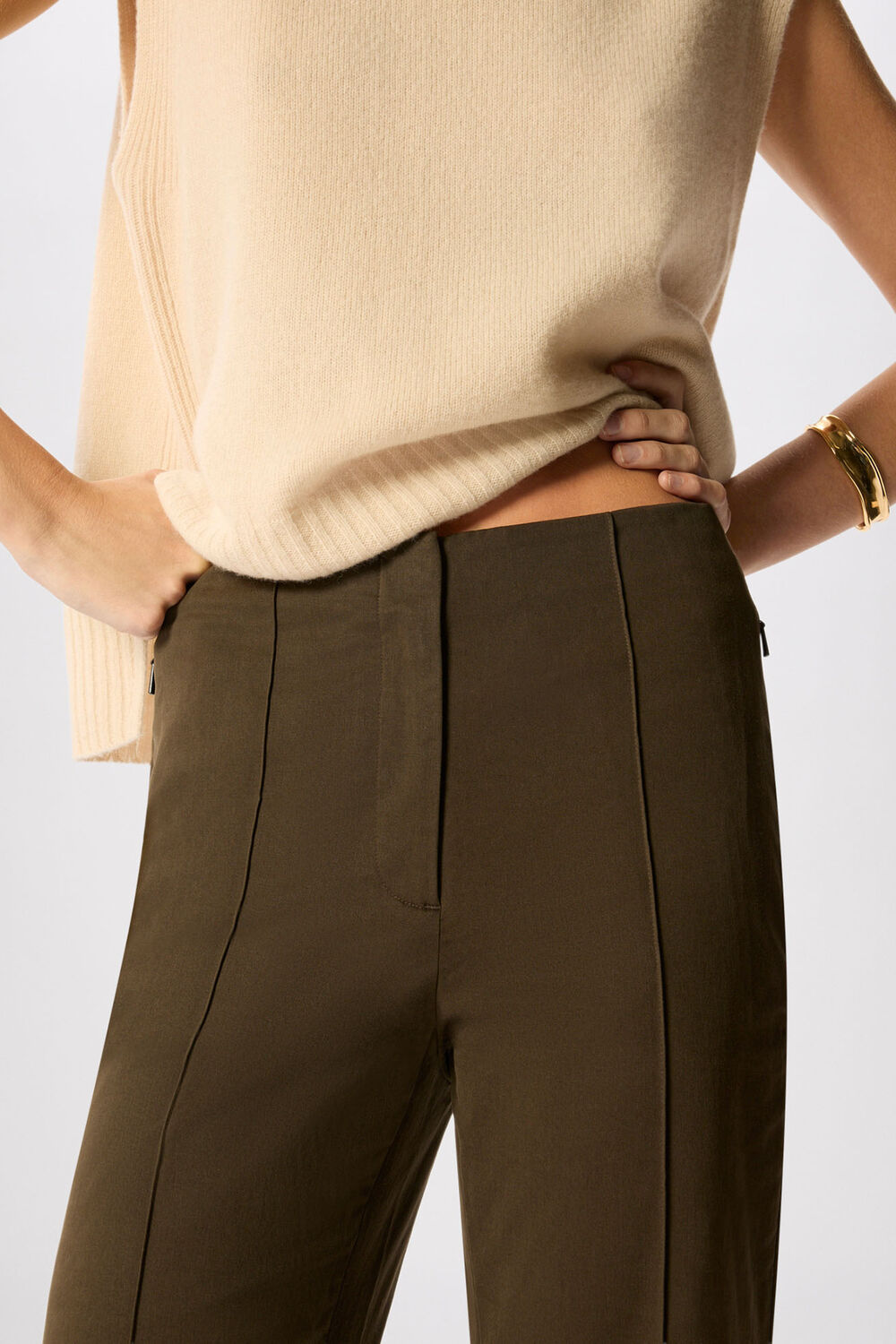 Khaki Pintuck Kickflare Trouser