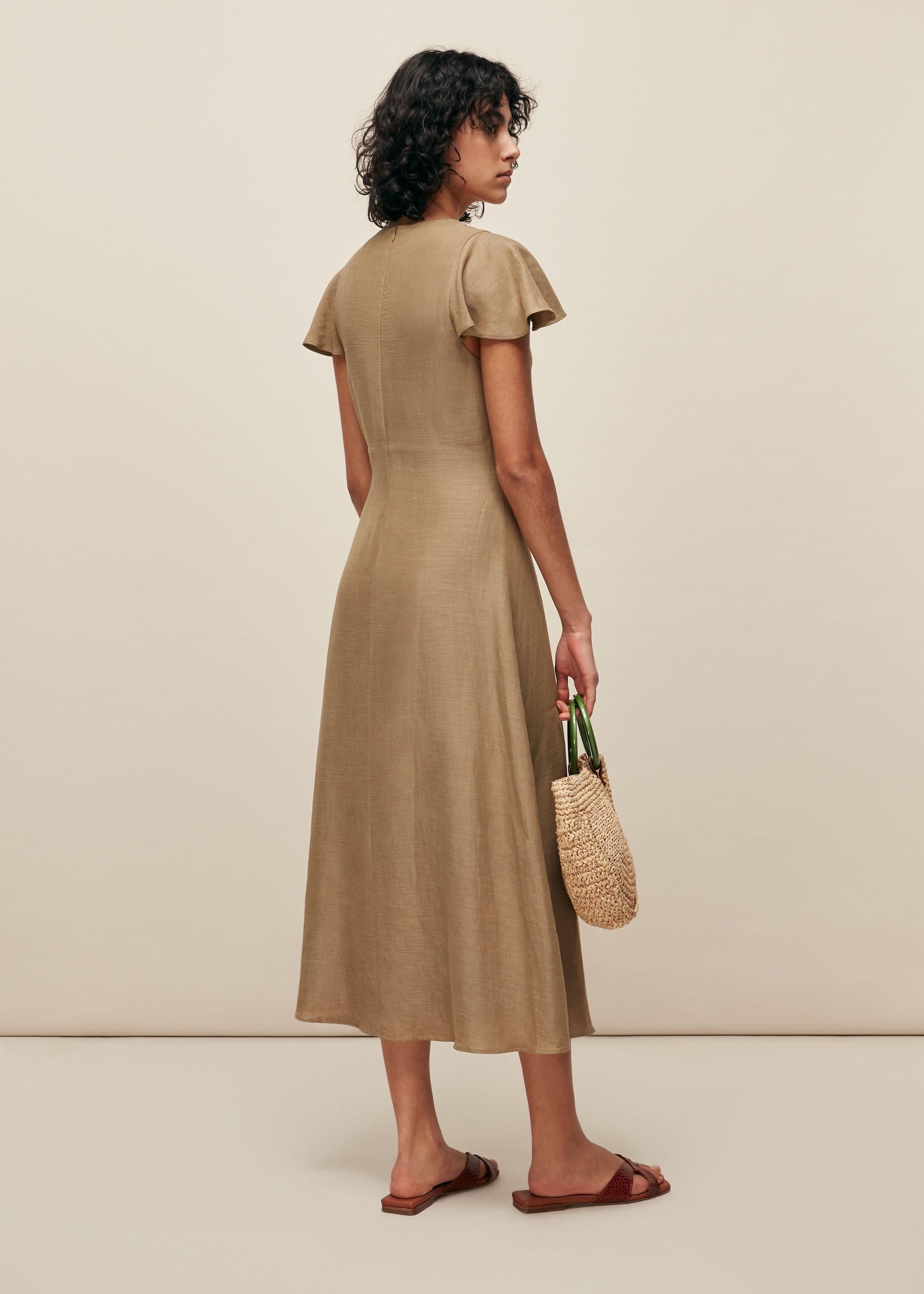 Khaki Frill Sleeve Midi Dress WHISTLES Whistles UK
