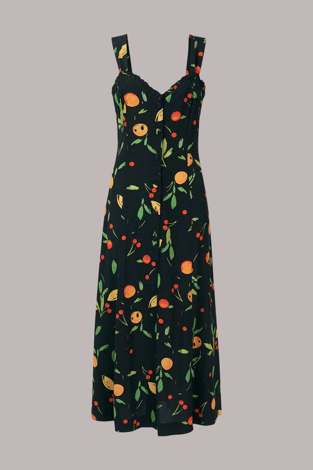 Black Fruit Print Frill Dress