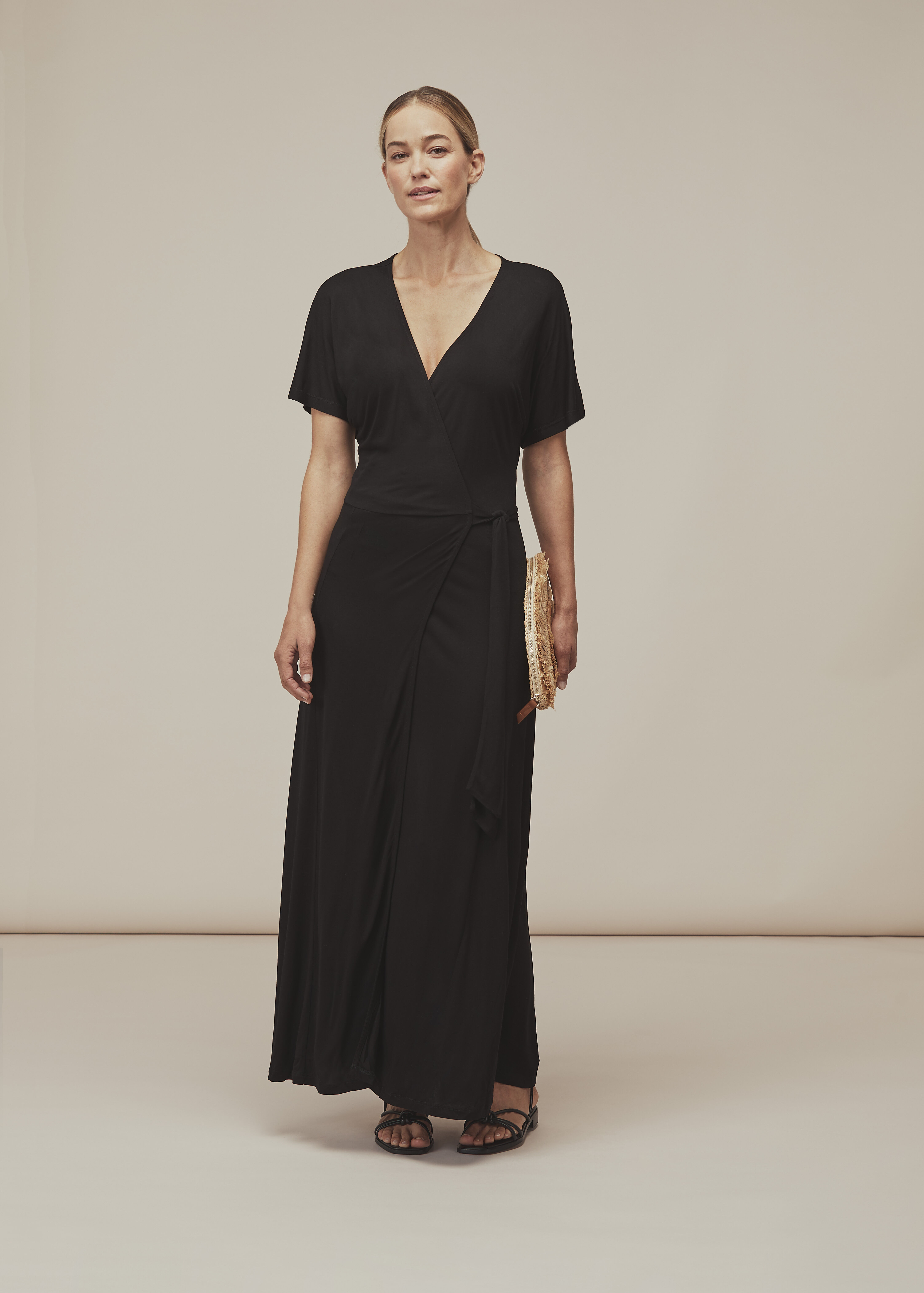 black wrap midi dress with sleeves