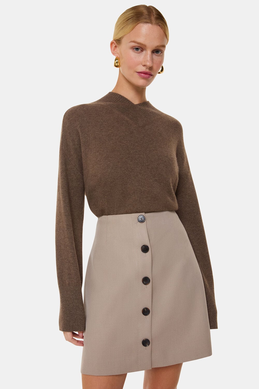 Neutral Button Front Wool Mini Skirt