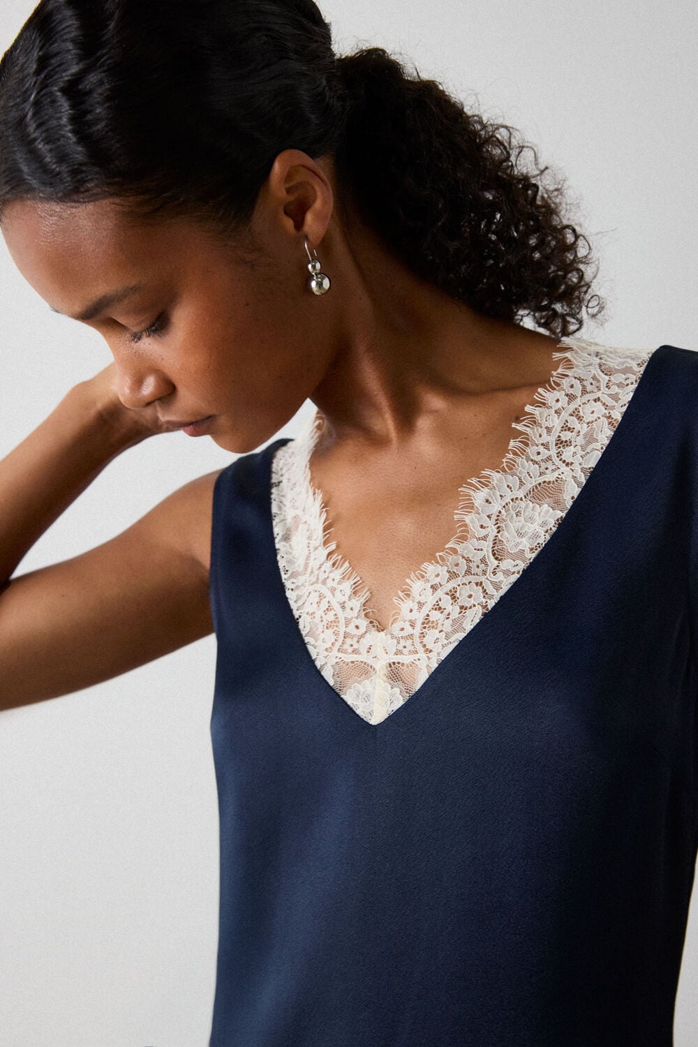 Navy Lace Trim Satin Cami Top