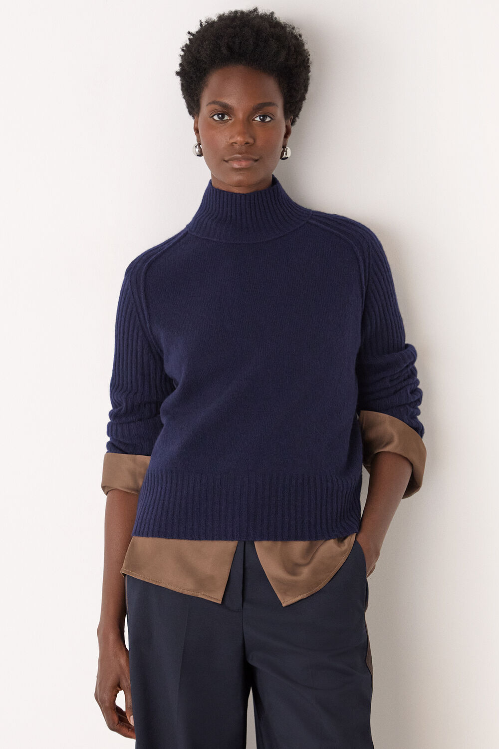 Navy Wool Funnel Neck Knit