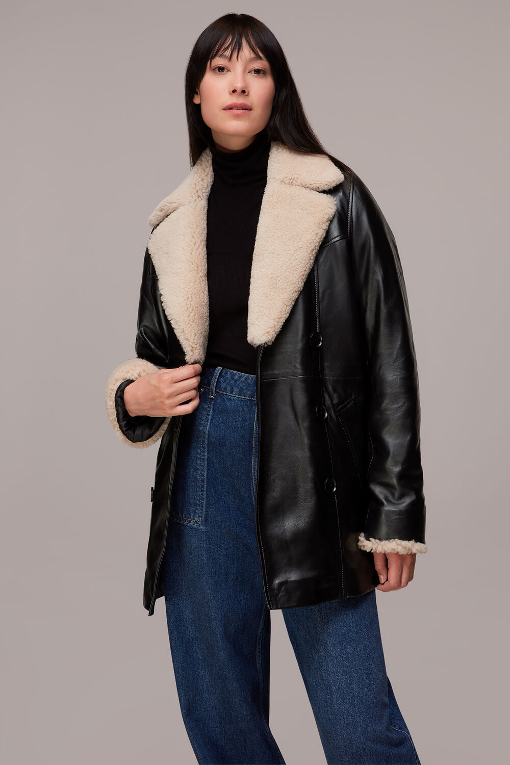 Black Maya Leather Belted Coat