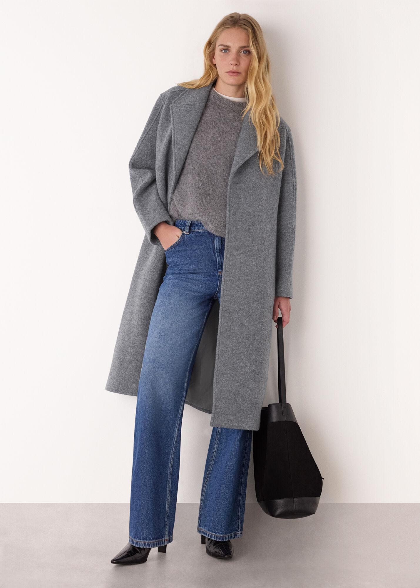 Grey Long Belted Wool Coat | WHISTLES | Whistles UK |
