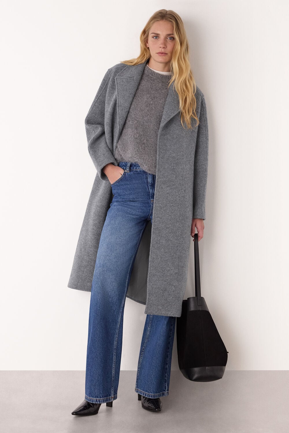 Grey Long Belted Wool Coat