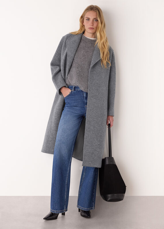 Grey Long Belted Wool Coat