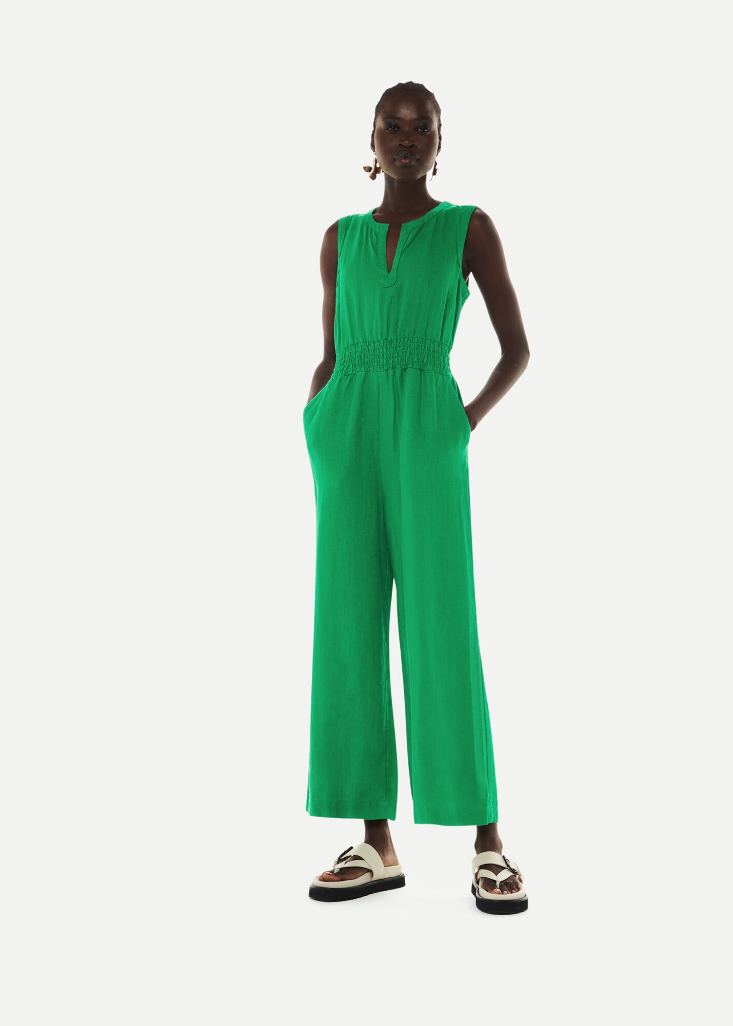 Green on sale linen jumpsuit