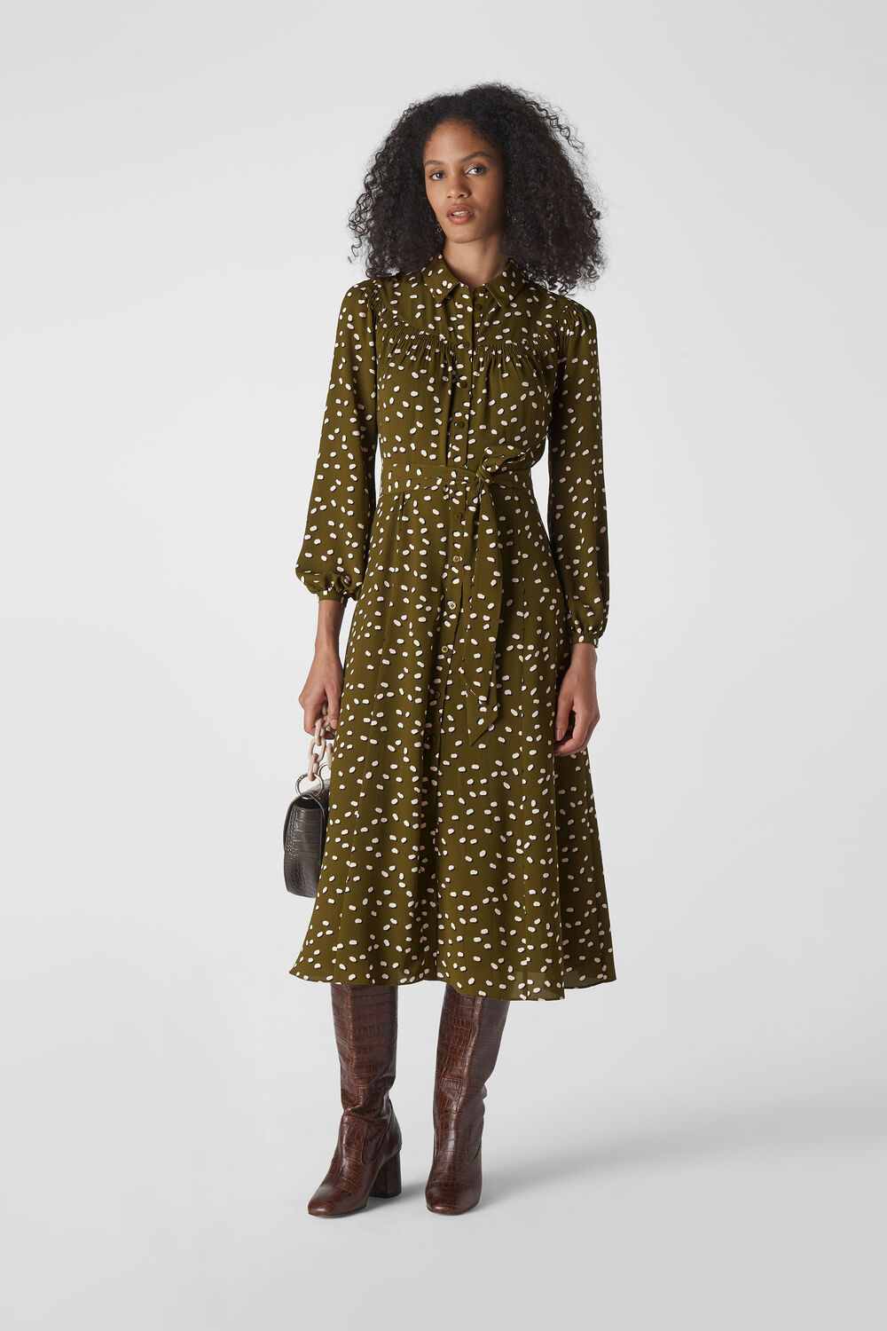 Shadow Spot Print Shirt Dress Khaki