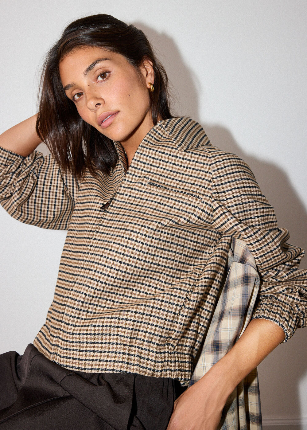 Brown Faux Fur Collar Check Bomber