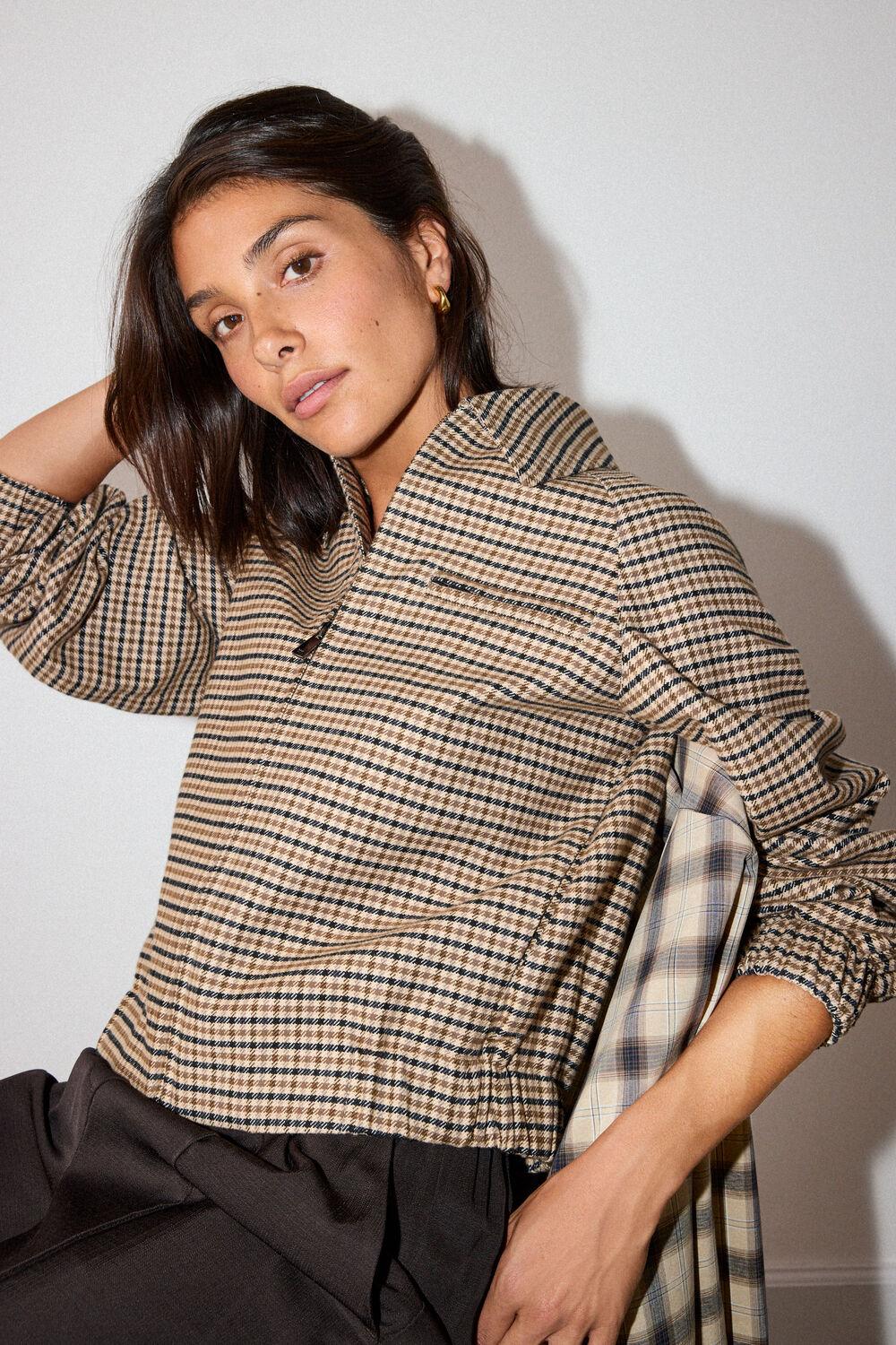 Brown Faux Fur Collar Check Bomber
