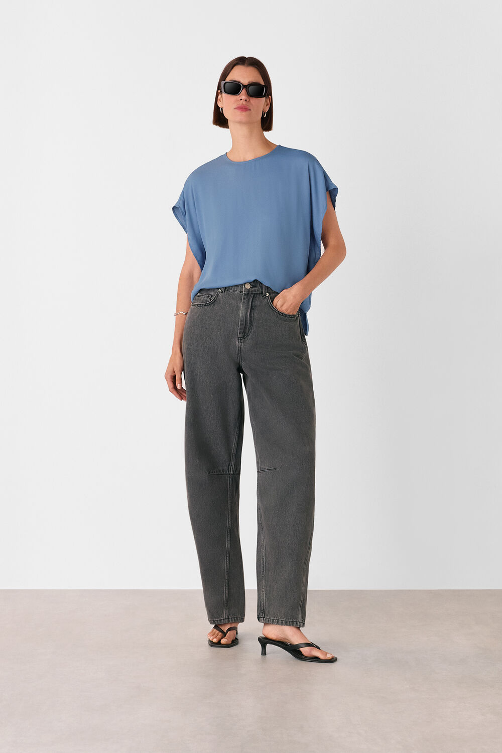 Blue Short Sleeve Crepe Shell Top