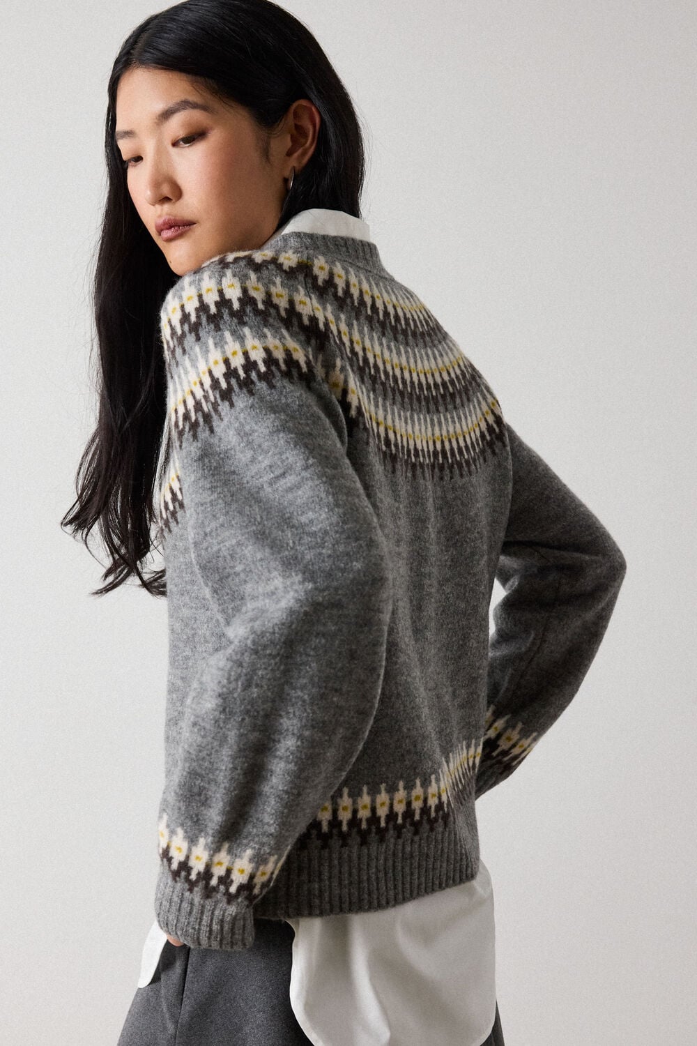 Grey Wool Mix Fairisle Detail Knit