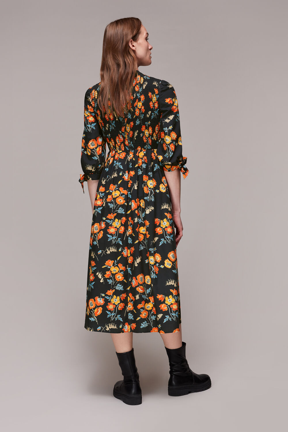 Shirred Floral Midi Dress