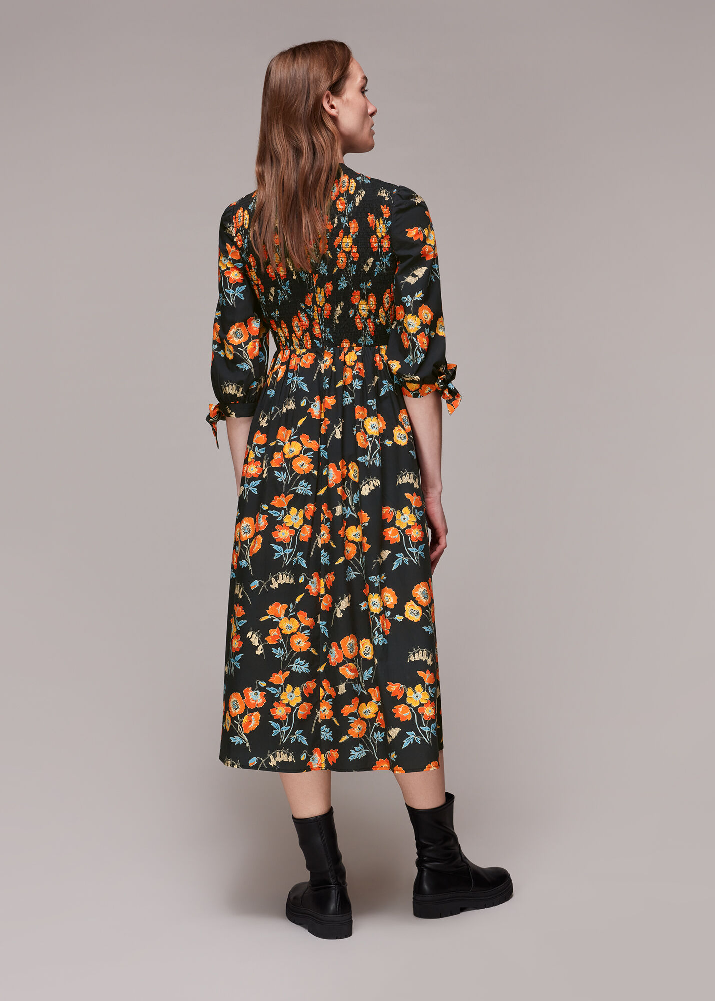 Black/Multi Shirred Floral Midi Dress | WHISTLES | Whistles UK