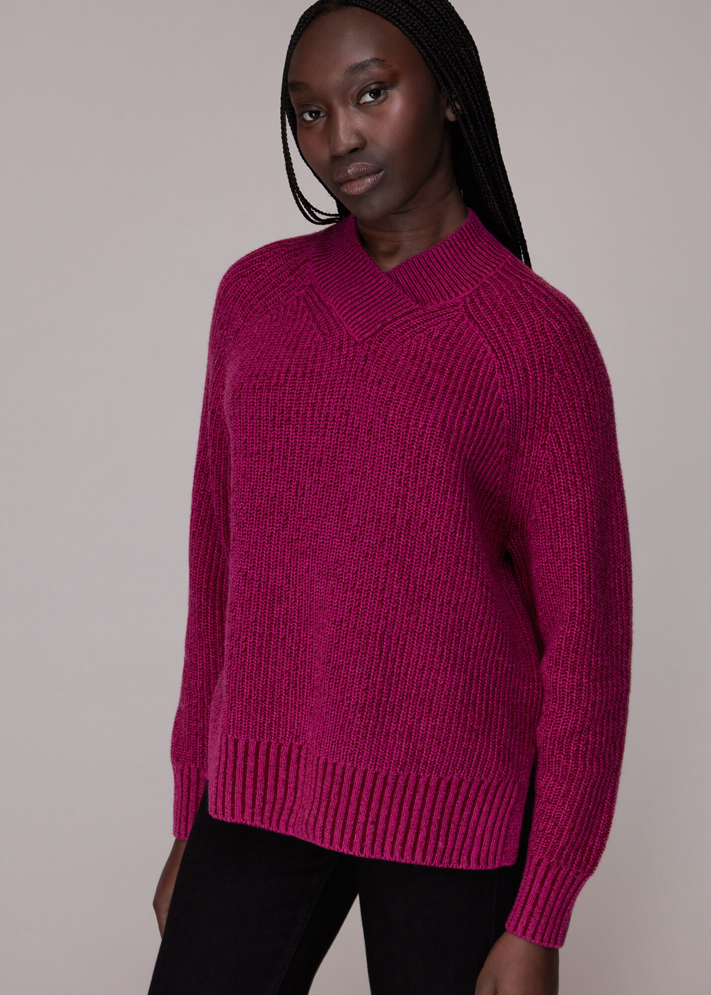 Pink Plated Rib V Neck Jumper WHISTLES
