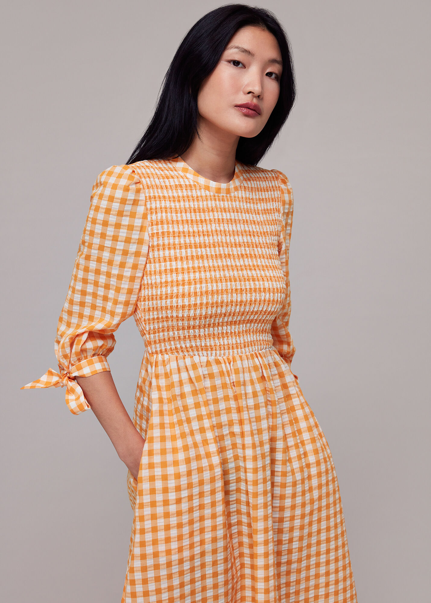 Orange/Multi Gingham Check Shirred Dress WHISTLES