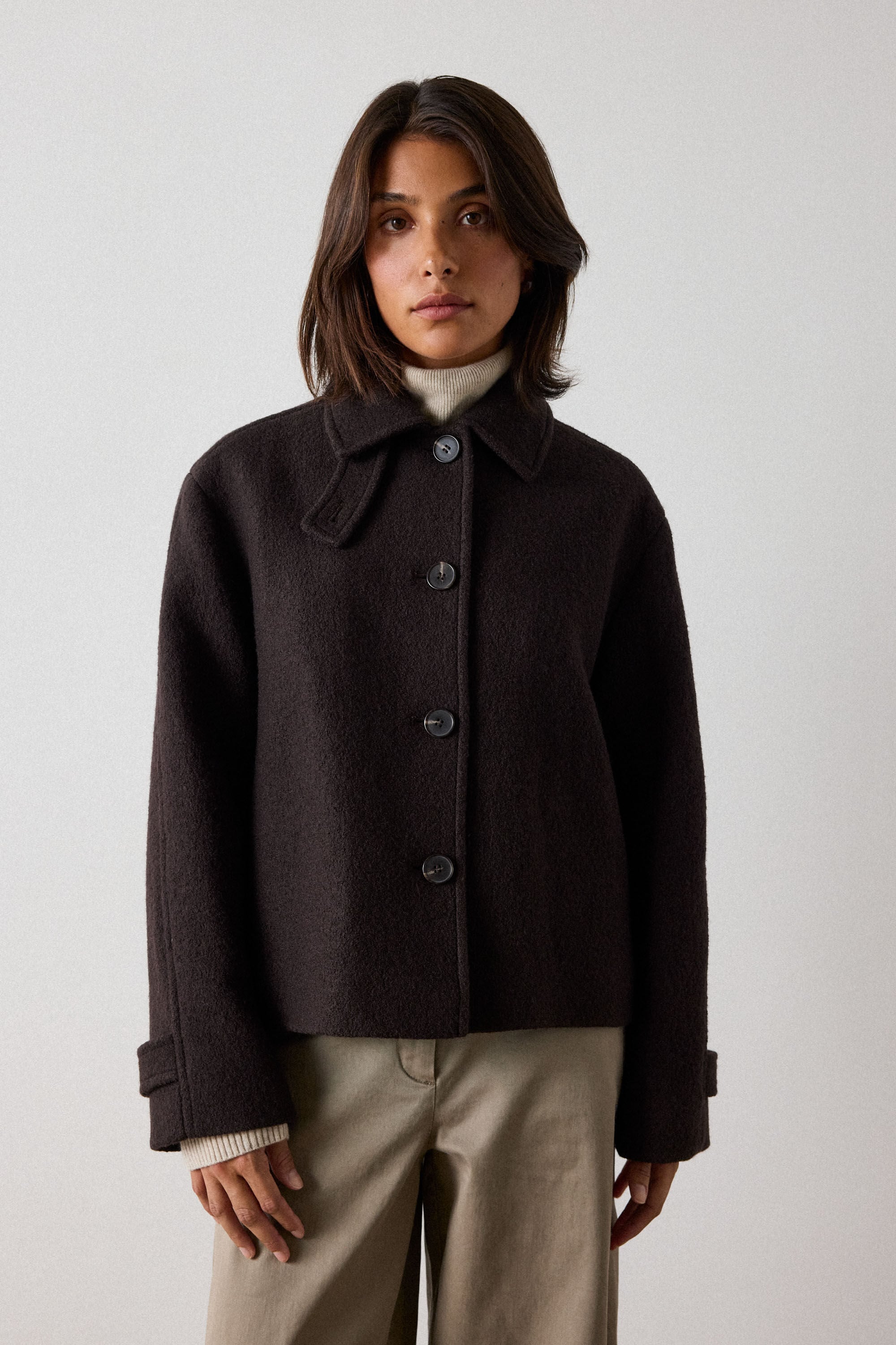 Brown Short Textured Wool Coat | WHISTLES | Whistles US |