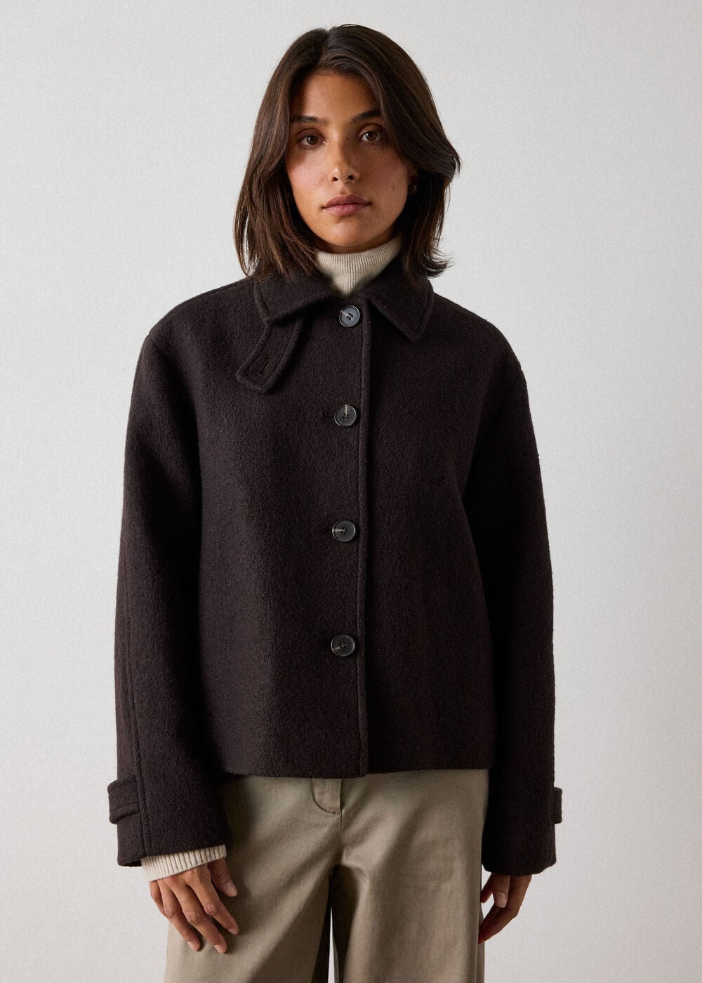Brown Short Textured Wool Coat