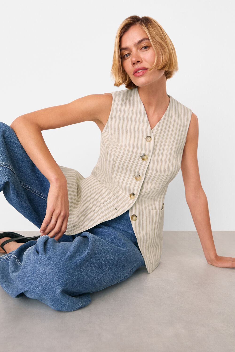 Neutral Linen Stripe Waistcoat