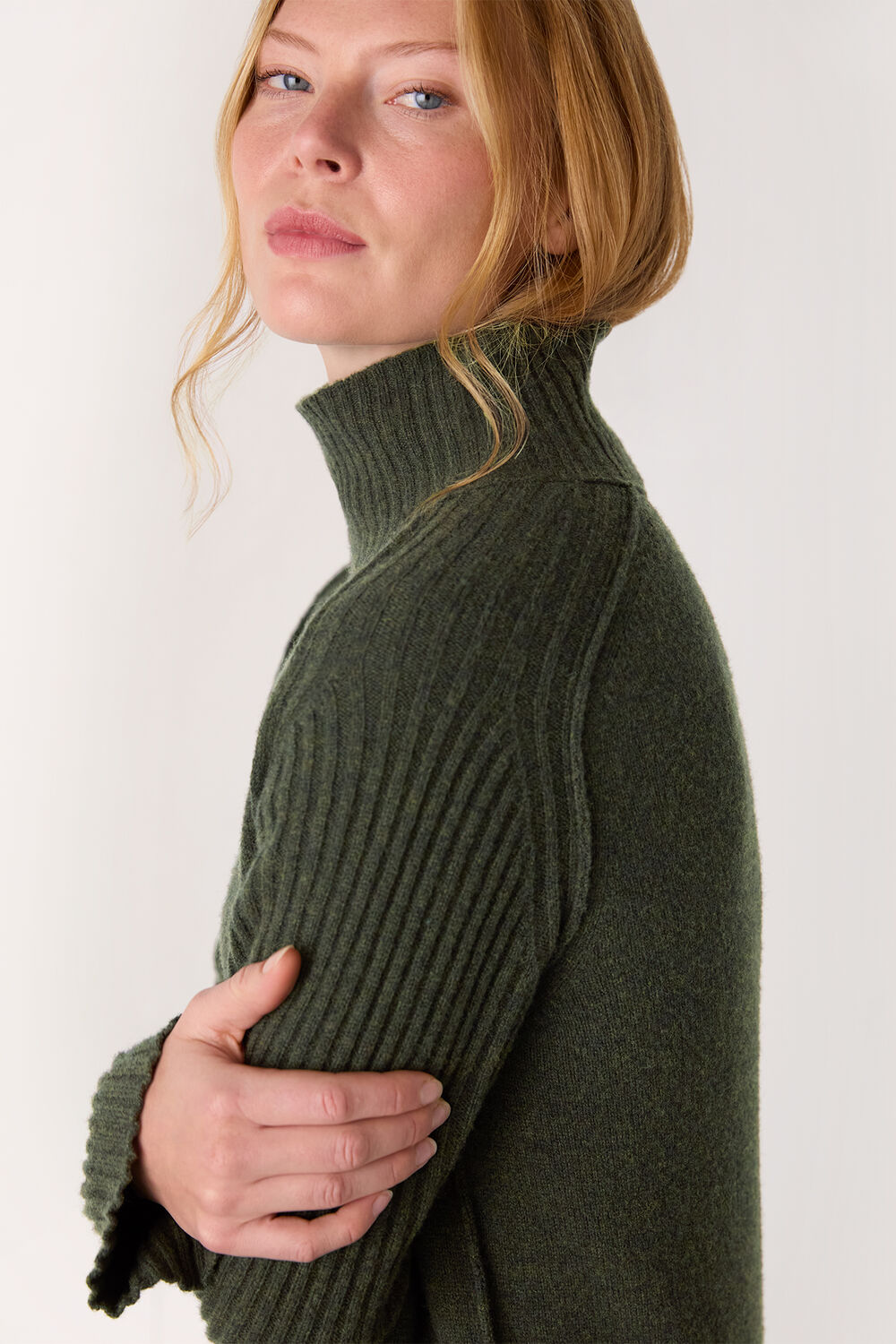 Dark Green Funnel Neck Wool Midi Dress