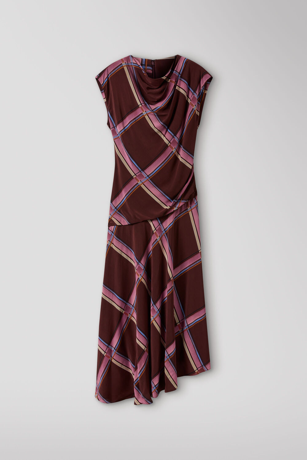 Brown Painted Check Cowl Neck Dress