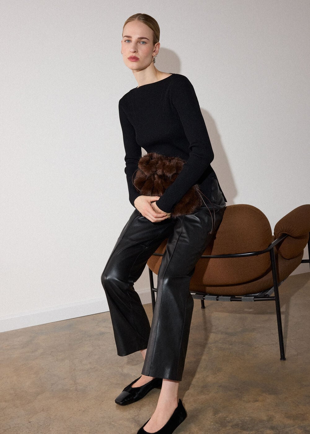 Black Rib Knit Slash Neck Top