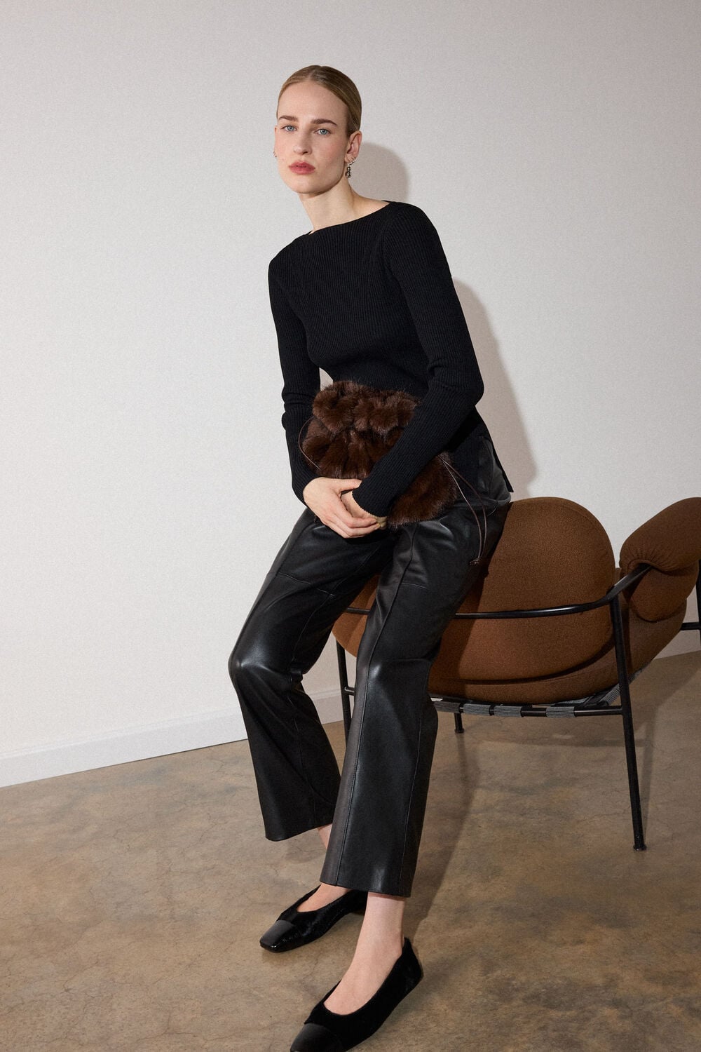 Black Rib Knit Slash Neck Top