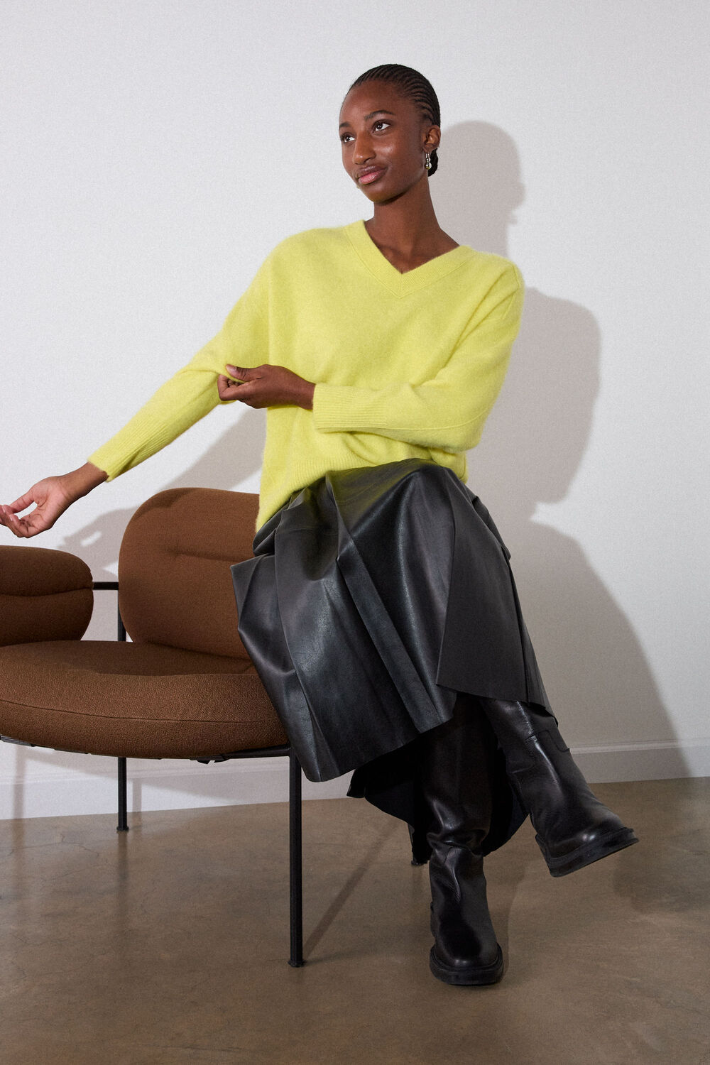 Yellow Brushed Cashmere V Neck Knit