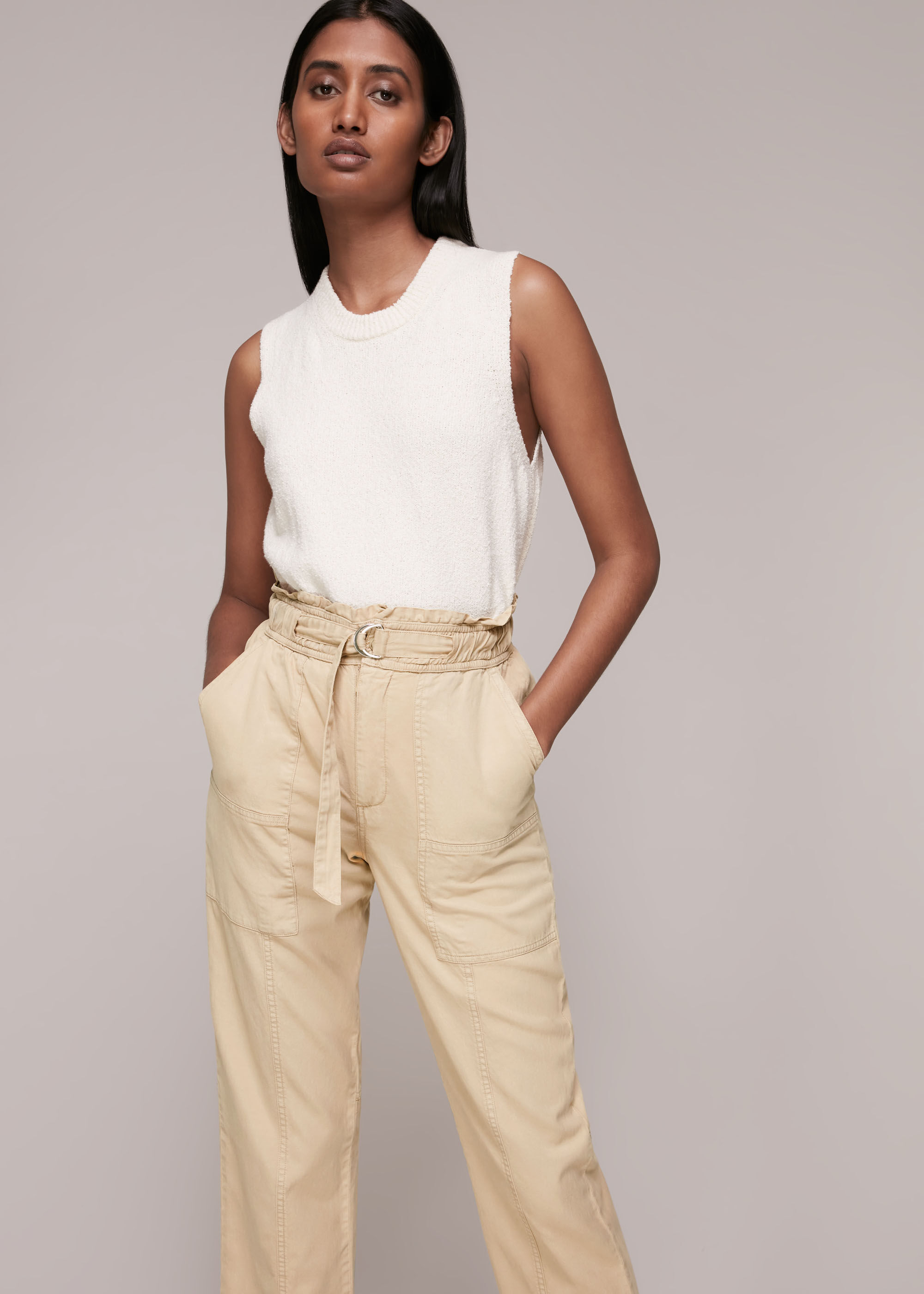 Urban Revivo paper bag waist trousers in beige  ASOS