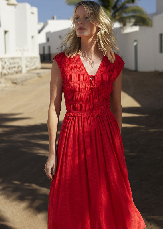 Red Shirred Bodice V Neck Dress