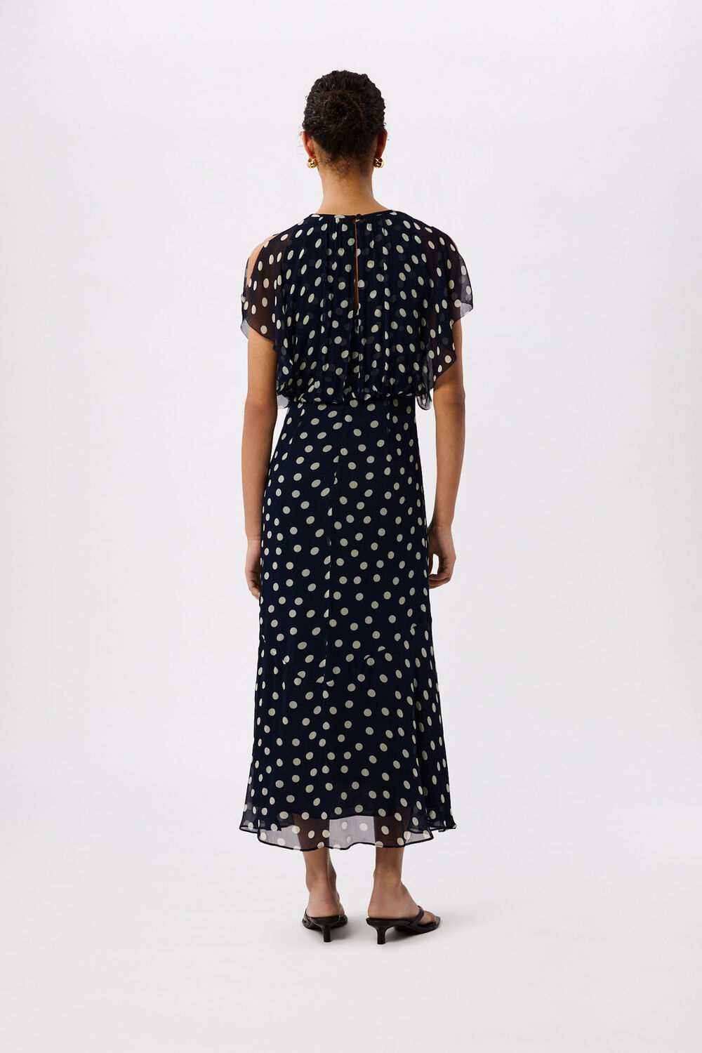 Navy Polka Dot Print Midi Dress