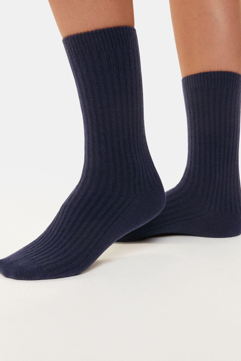 Navy Cashmere Ribbed Socks