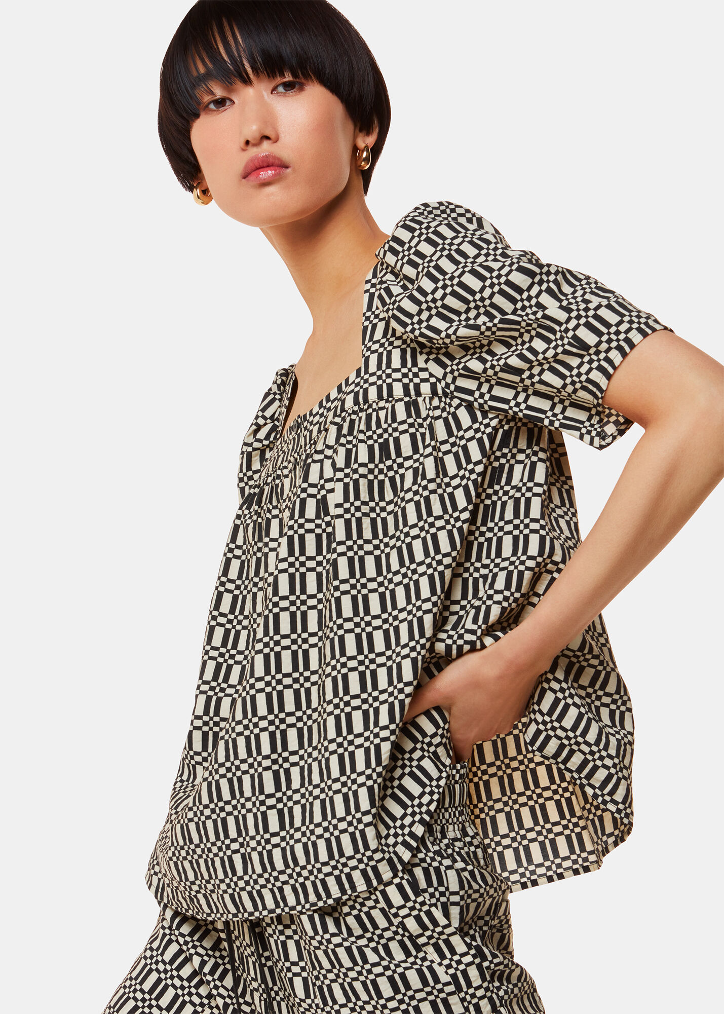 Black/Multi Link Check Square Neck Top | WHISTLES | Whistles Black/Multi Link Check Square Neck Top | WHISTLES | Whistles