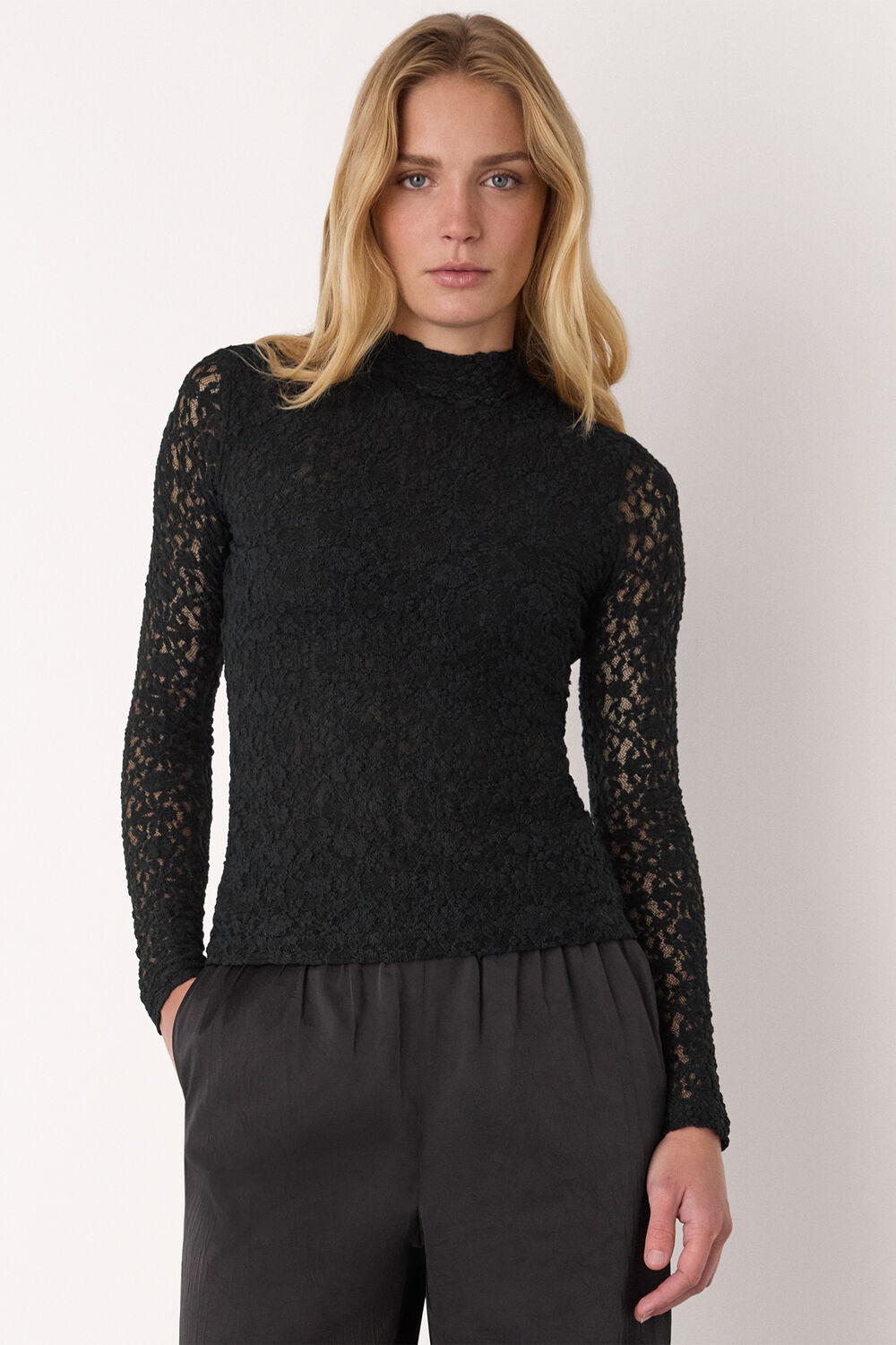 Black Lace Detail High Neck Top