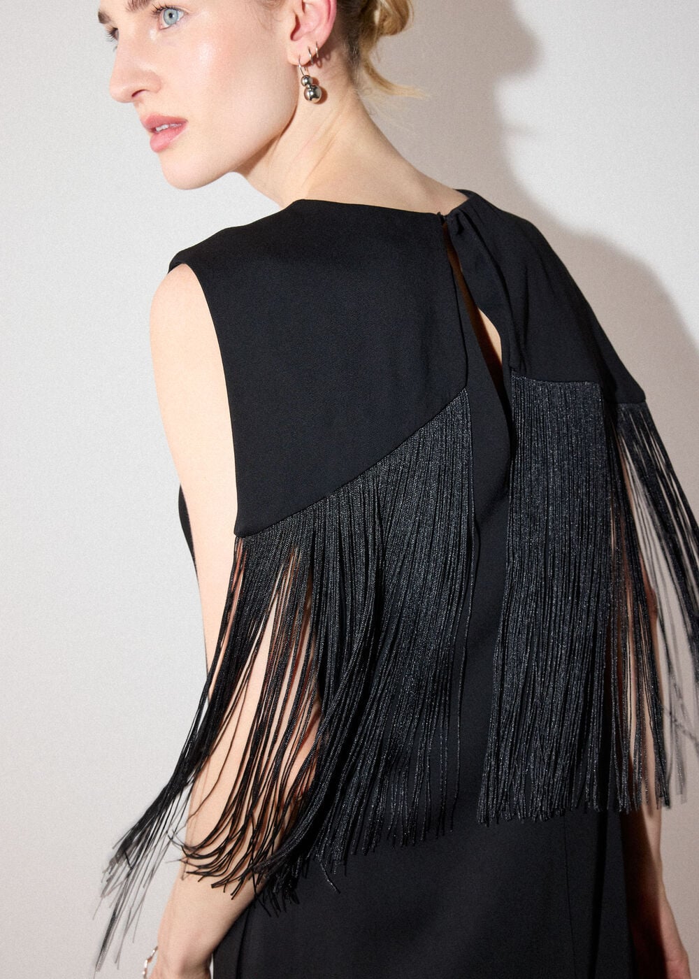 Black Fringe Back Midi Dress